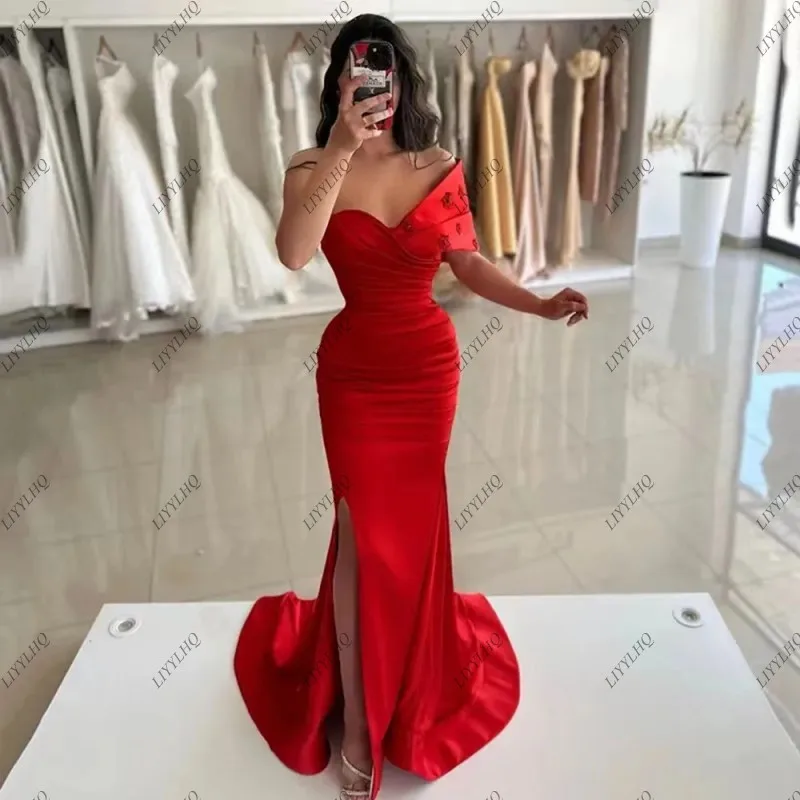 LIYYLHQ Sexy Mermaid Formal Prom Dresses High Side Split One Shoulder Pleat Satin Beaded Special occasion Dress Prom Party Gowns