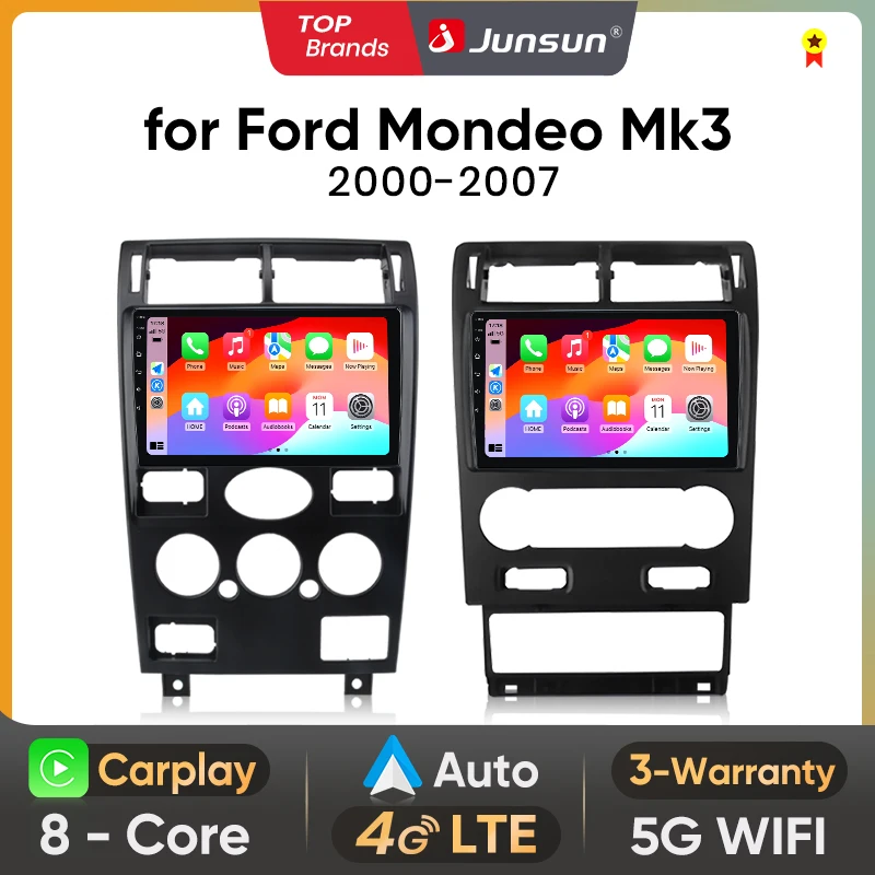 Autoradio multimédia Junsun avec CarPlay sans fil et Android Auto pour Ford Mondeo 3 2000-2007, système de navigation GPS intelligent, système stéréo