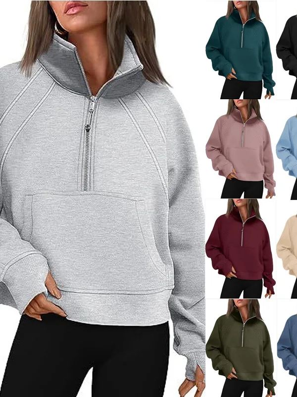 

Утепленная женская толстовка с открытым воротником, однотонная, в уличном стиле, с длинными рукавами, на молнии, свободного кроя