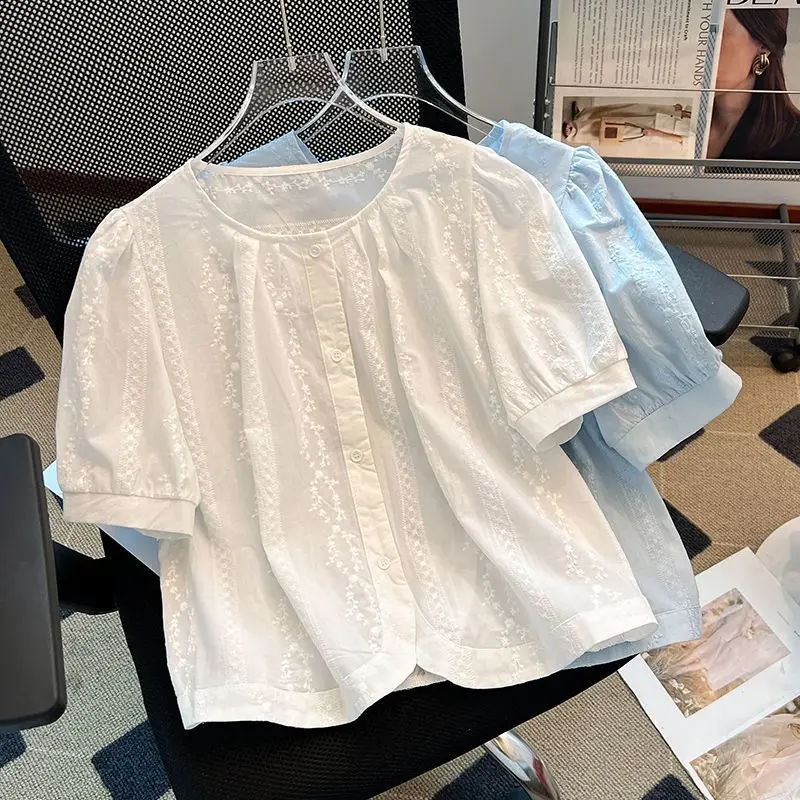 

Short Sleeve Shirts Womens Jacquard Patchwork Pintuck Cropped Light Luxury Artistic Preppy Look Student Modern Statement