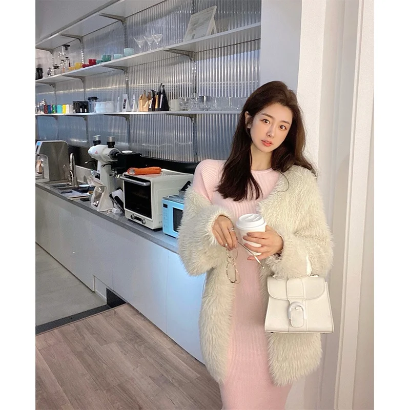 Vêtement d'extérieur en fausse fourrure chaude pour femmes, style décontracté, tube droit, long, uni, cardigan, manteau