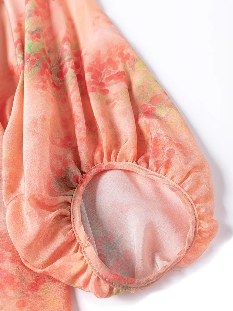 SuyaDream، بلوزات نسائية مزهرة، 100% حرير حقيقي، رقبة دائرية، أكمام فانوس، بلوزة صيف 2025، برتقالي #3