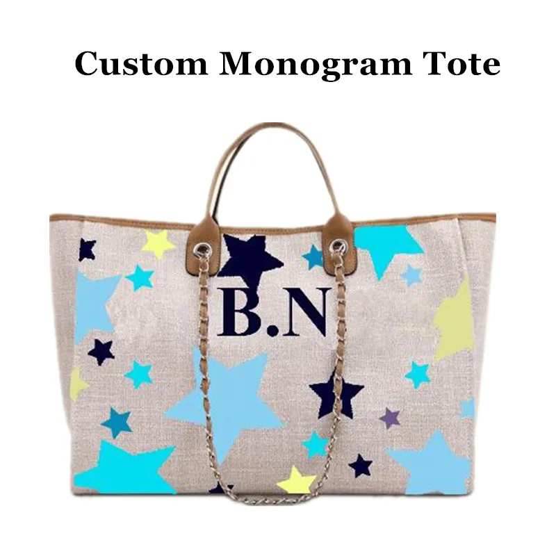 

Personalised Initials Weekend Blues Starry Tote Canvas Tote Bag Beach Bag Monogram Tote Bag Canvas Beach Holiday Carryall Totes