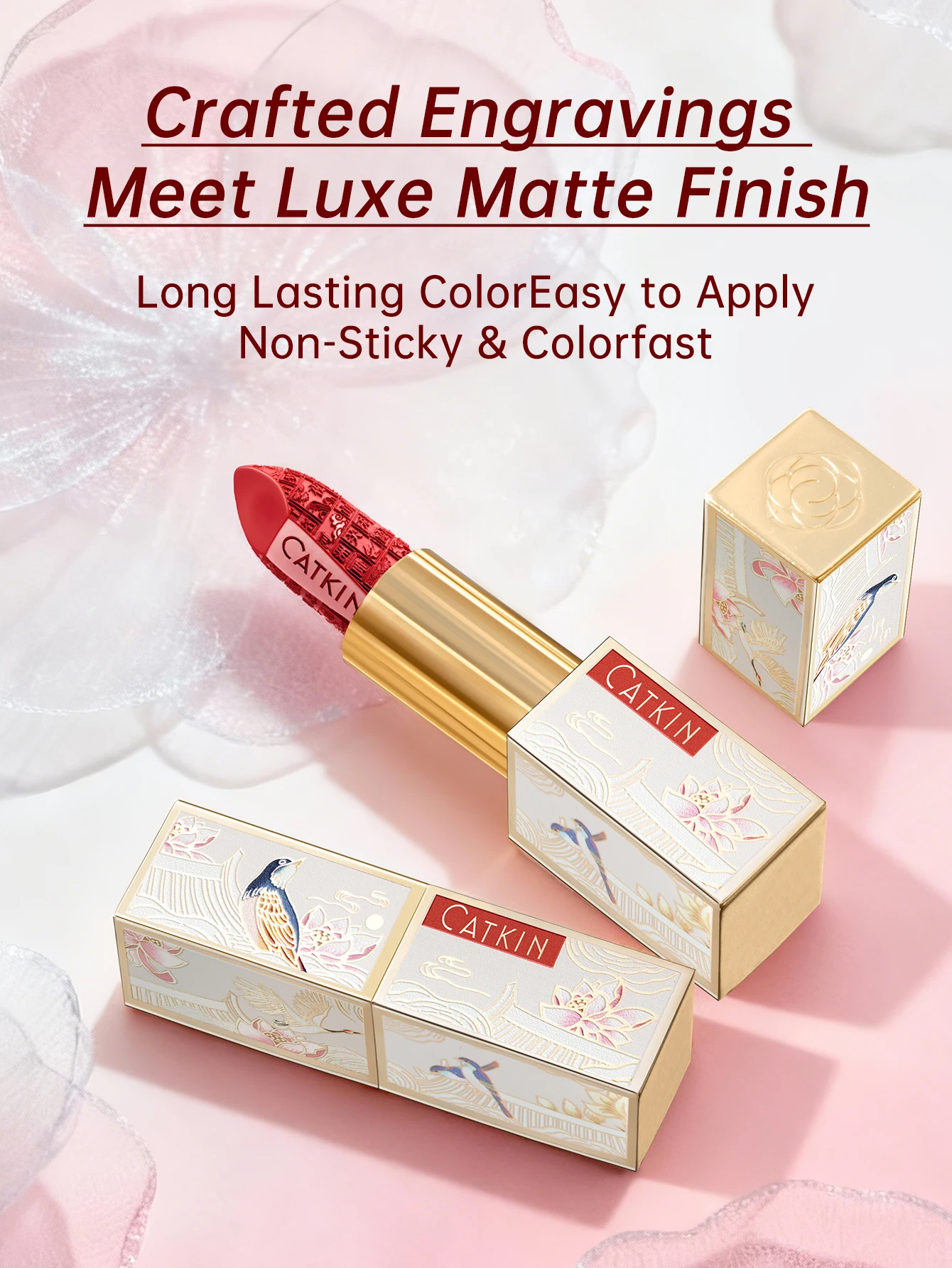 CATKIN ドリームワールド カービング リップスティック、3 個、防水、長持ち、サテン、栄養補給、保湿、滑らか、ソフト、0.13 オンス-中国風