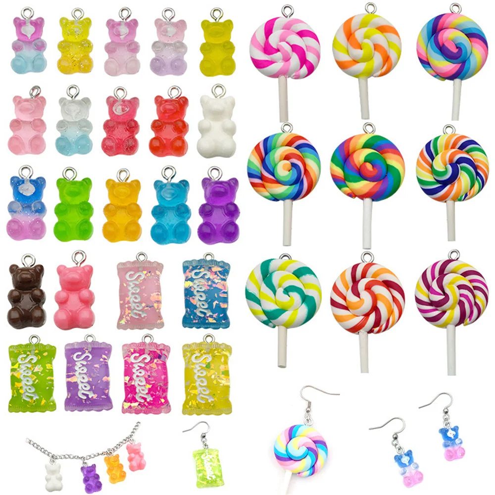 32 unids/pack de dijes de piruleta de oso de caramelo mezclados, colgante de osos de resina coloridos para collar, pendientes, accesorios de joyería hechos a mano