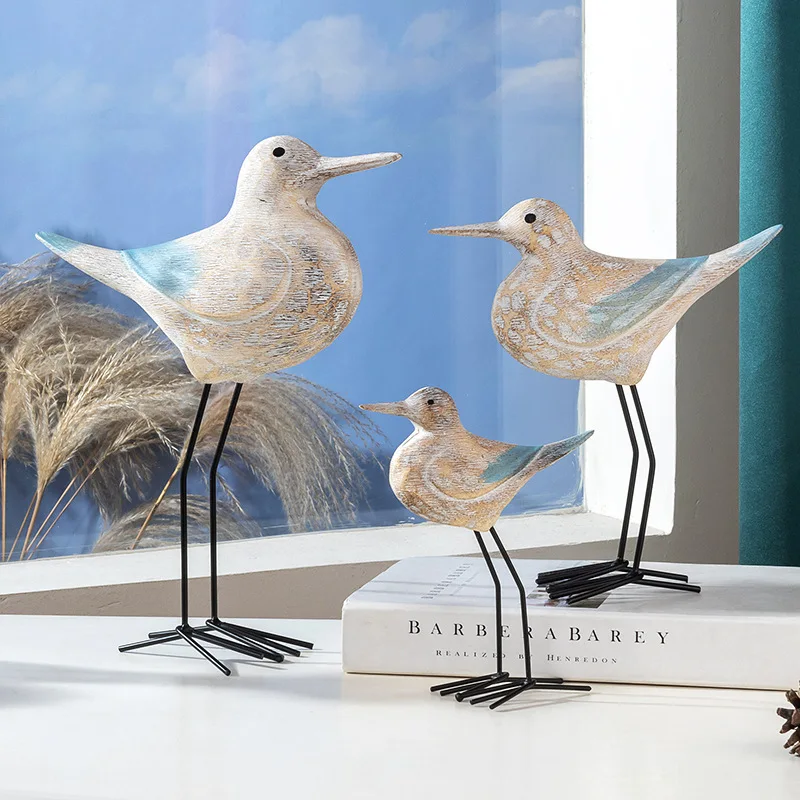 Mediterranean Style Sky-blue Solid Wood Bird Figurine. Hand-painted,retro Creative Sandblasted Wood Carving Bird. Moving-in Gift