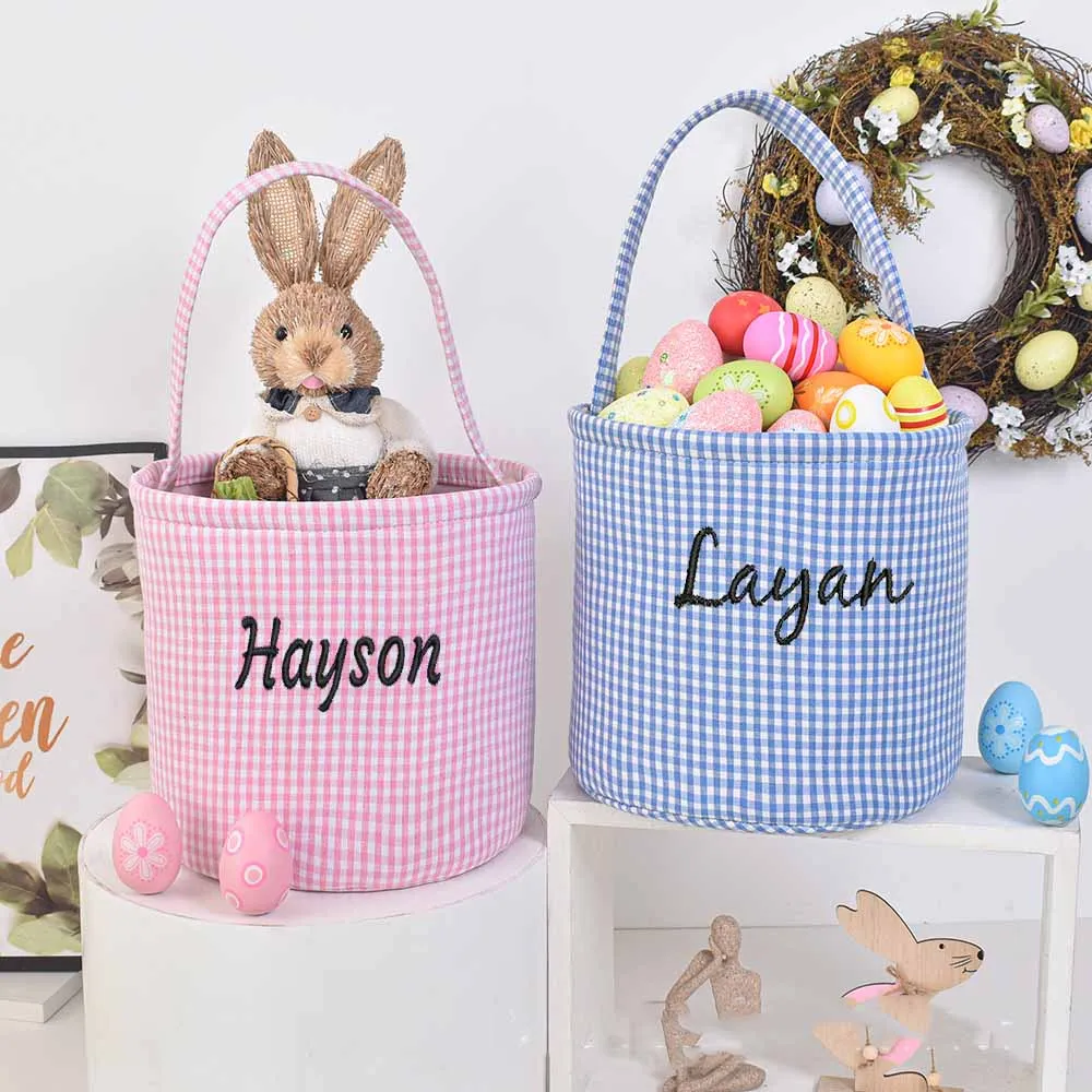 

Personalized Easter Men's and Children's Easter Blue, Embroidered Storage Easter Basket, Custom New Checkered Easter Gift Pack