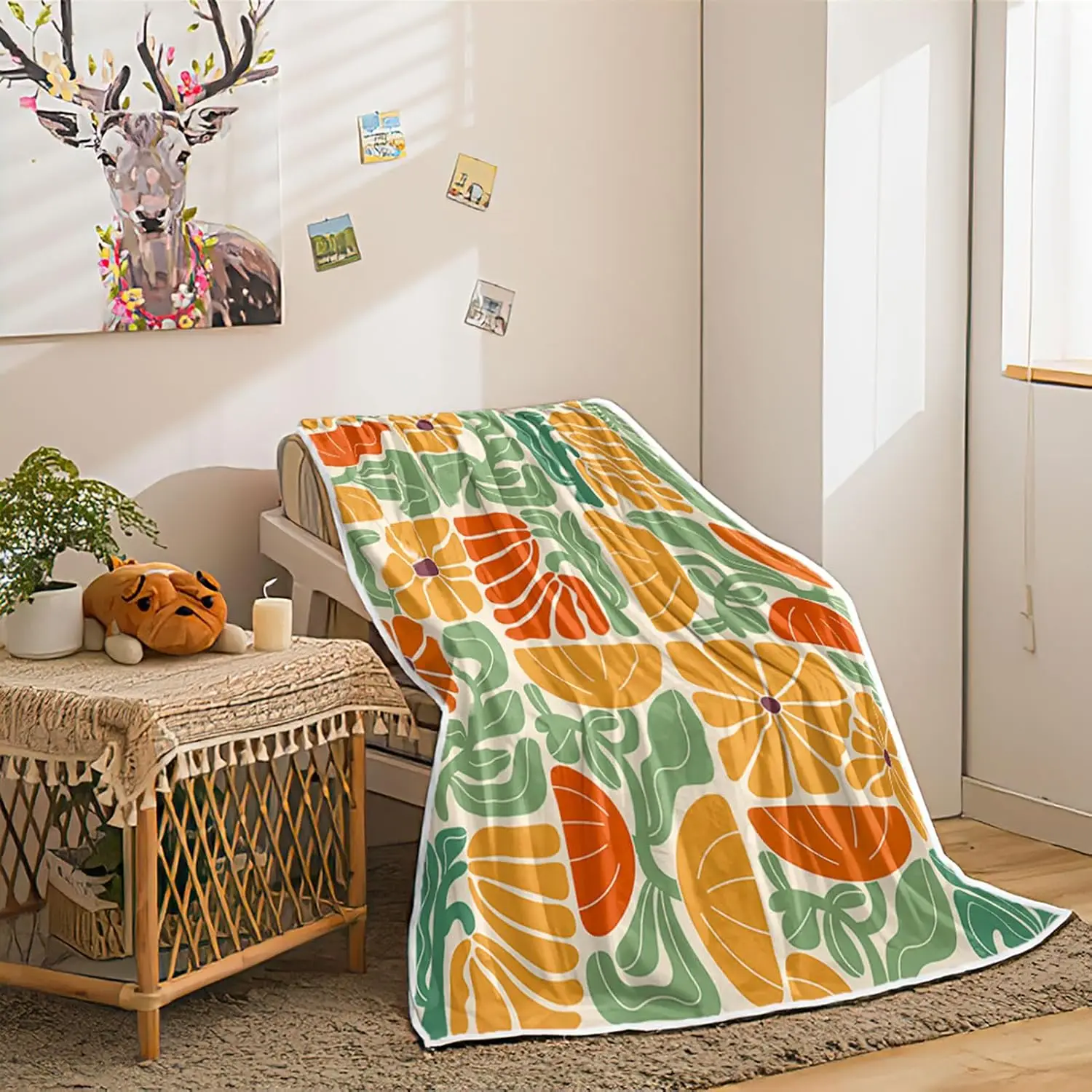 Boho Abstract Colorful Floral Throw Blanket, Vintage Retro Patchwork Orange Green Flower Botanical Geometric Aesthetic Flannel
