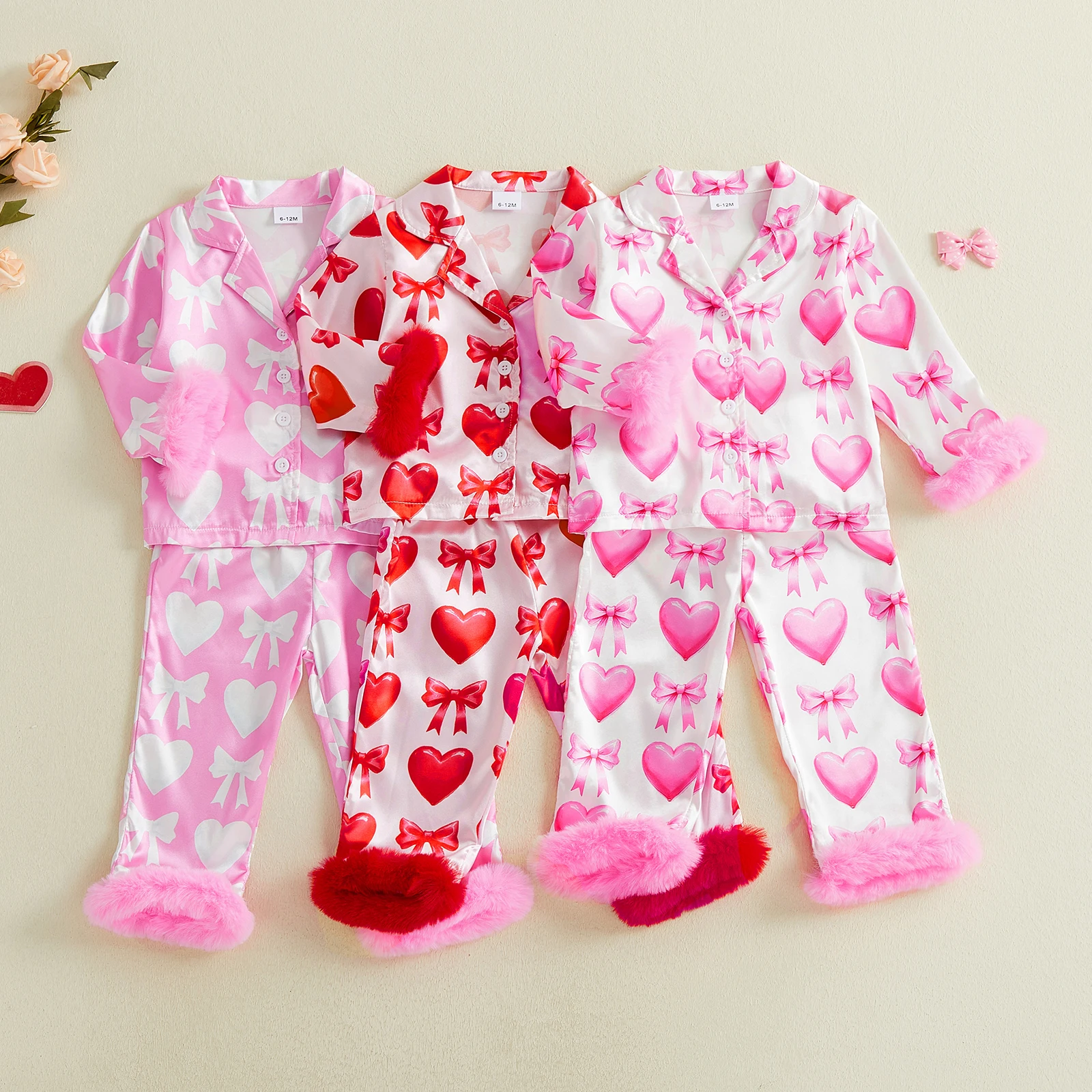 Valentine's Day Girl Satin Pajamas Set Bow Heart Print Long Sleeve Turn Down Collar Tops with Elastic Waist Pants Sleepwear