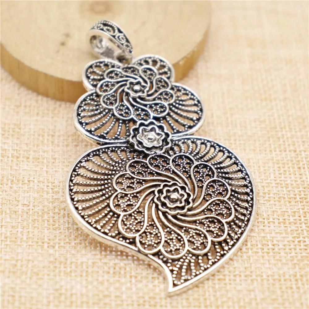 WYSIWYG 1pcs 90x50mm Filigree Big Carved Flower Heart Charm Pendant For Jewelry Making