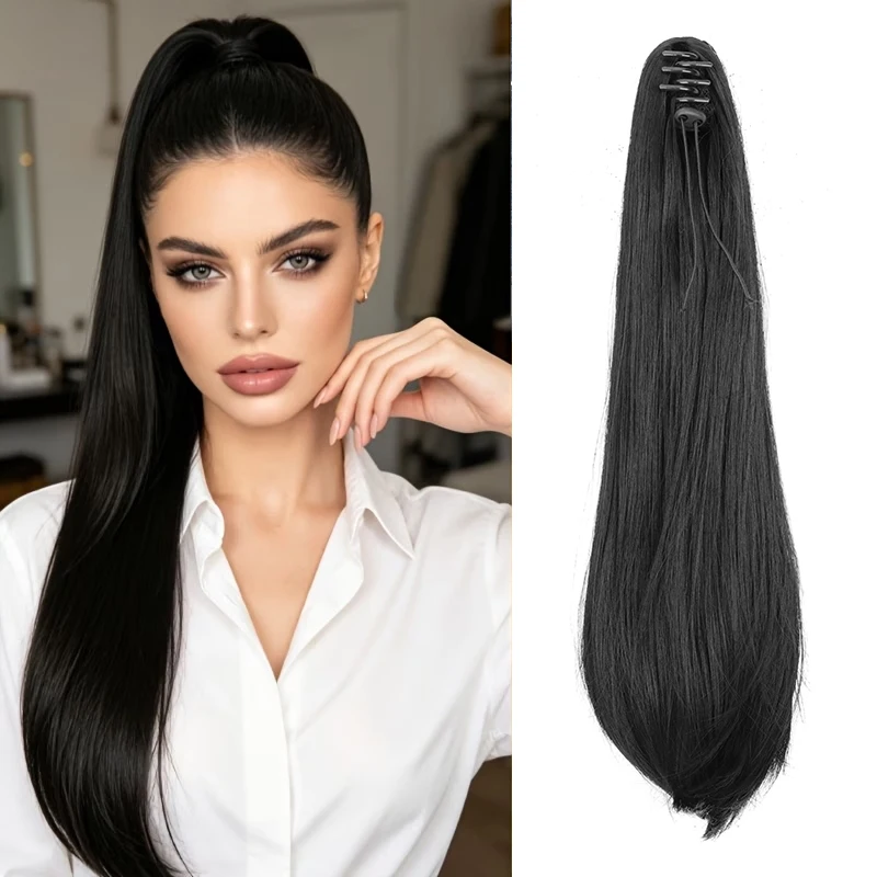 20Inch Synthetic Long Straight Slightly Warped Claw Ponytail Hair Extension Heat Resistant Fiber Hairpiece for Women Daily Use