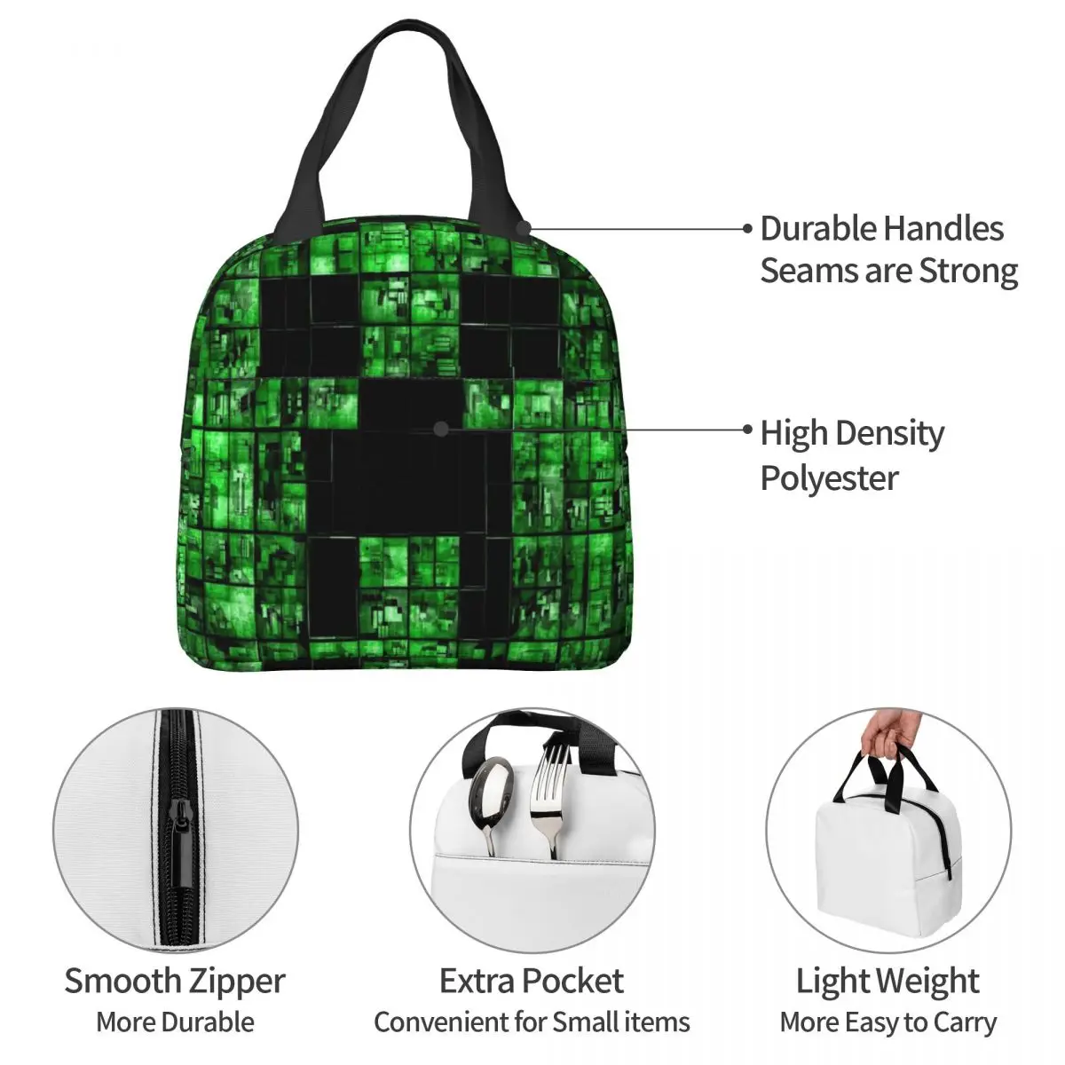 Pixel Art Lunch Bag For Girls Creeper Backgrounds Lunch Box Fun Picnic Cooler Bag Portable Zipper Oxford Thermal Lunch Bags