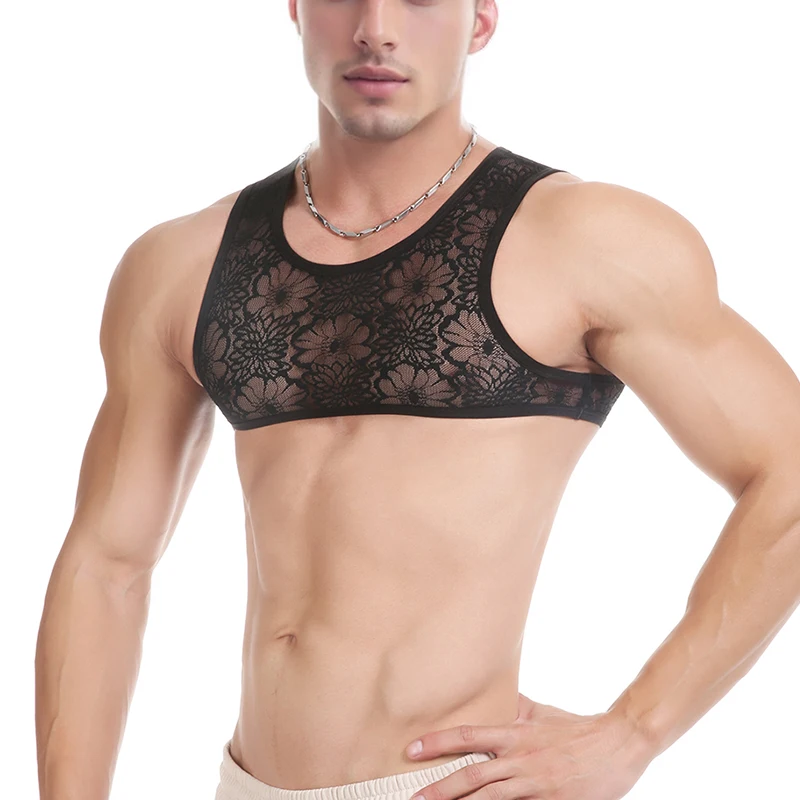 Sexy Spitze durchsichtige transparente Oberteile Männer Spielzeug Fetisch Sissy BDSM Erotische Kostüm Herren-BH Crop Tops Mini ärmellose Westen