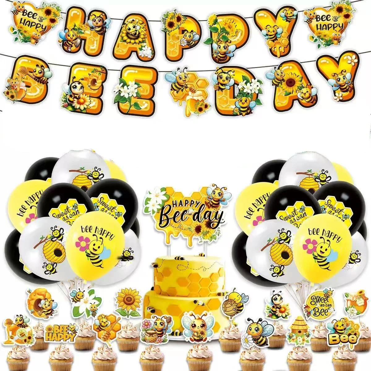 1set Bee Latex Balloon Banner Cake Topper Set Yellow Sand White Bee Festival Gender Reveal Birthday Party Baby Shower Decoration