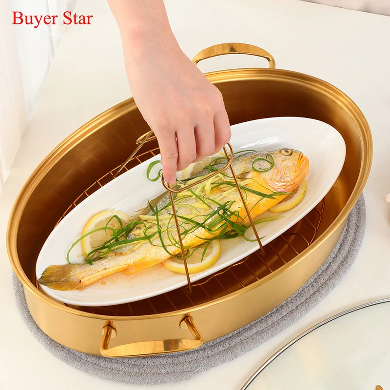 Gold Stainless Steel Fish Steamer Pot with Steam Rack double ear handle  Metal Soup Pot Multi-function Steaming Pot Cookware set