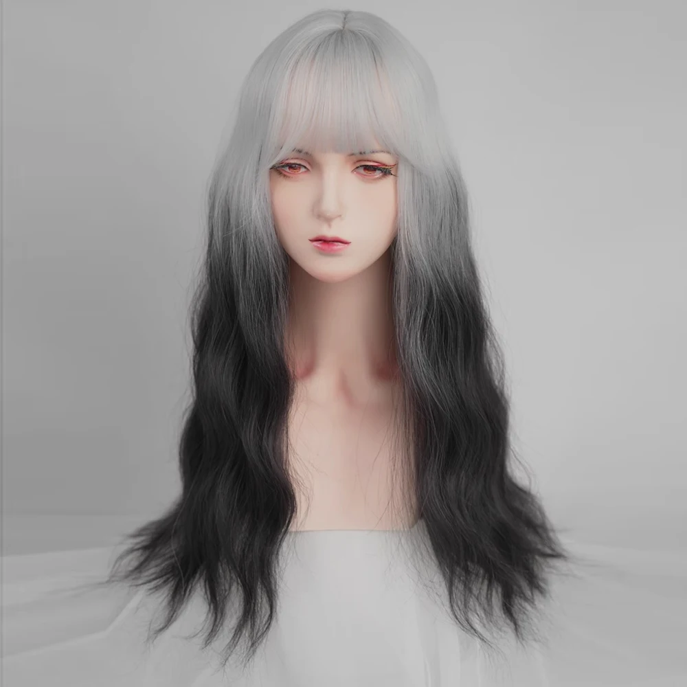 GAKA طويل متموج أومبير أبيض أسود التدرج الباروكات مع الانفجارات الاصطناعية لوليتا تأثيري المرأة شعر مستعار طبيعي للحزب اليومي #3