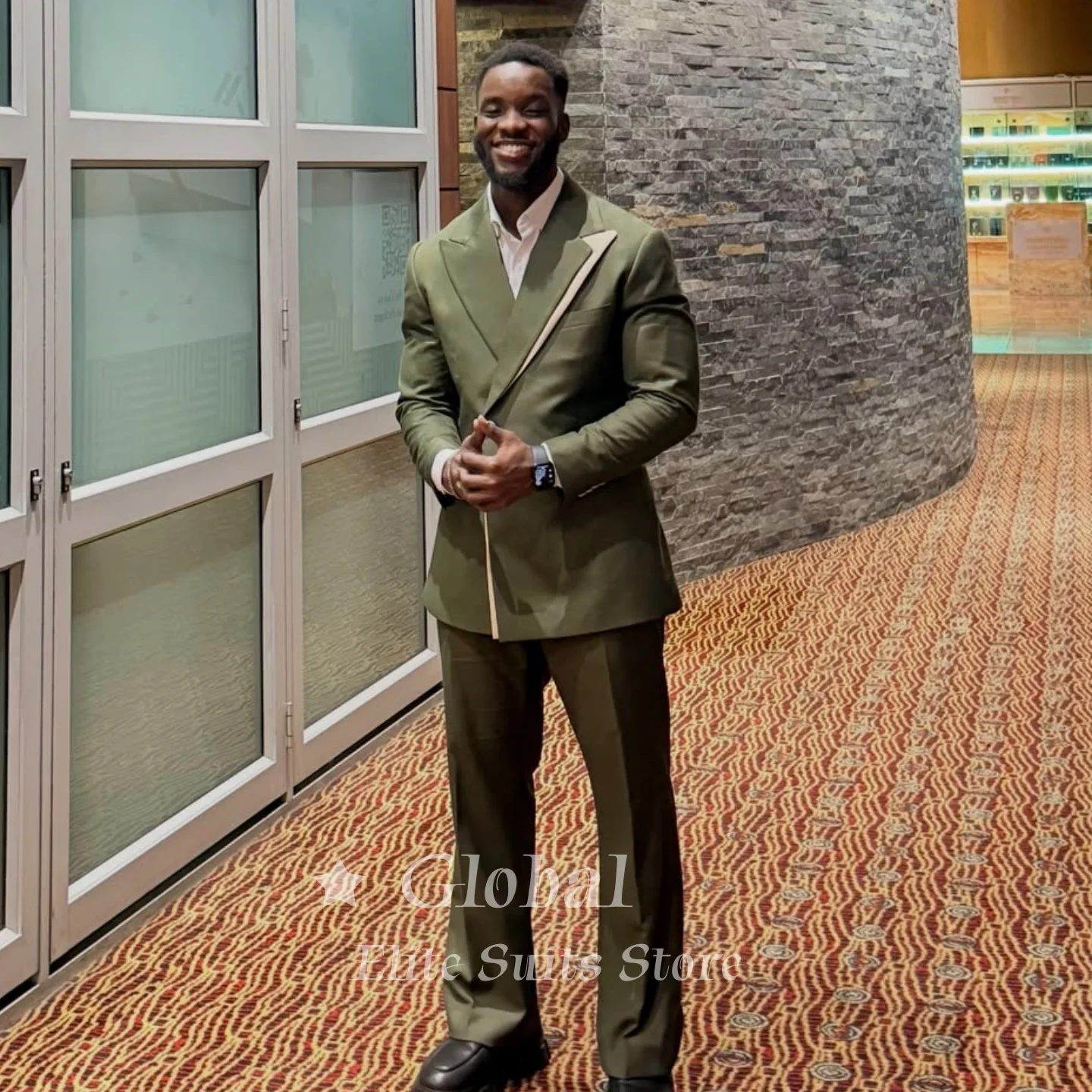 Casual Men's Olive Green 2-Piece Suit Peak Lapel Blazer with Contrast Trim Fit Business Formal Wedding Suits Male Customized