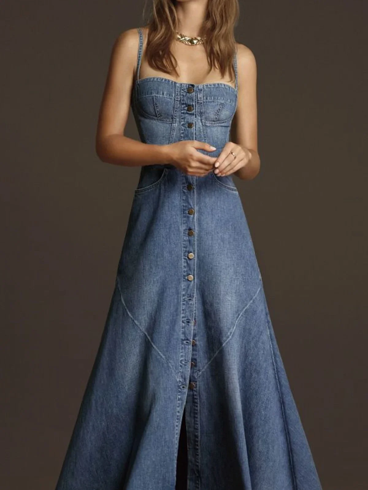 Elegant Denim Long Dress Women 2024 Summer New Casual Retro All-match Dresses Female Single Button A-line Split Hem Vestidos