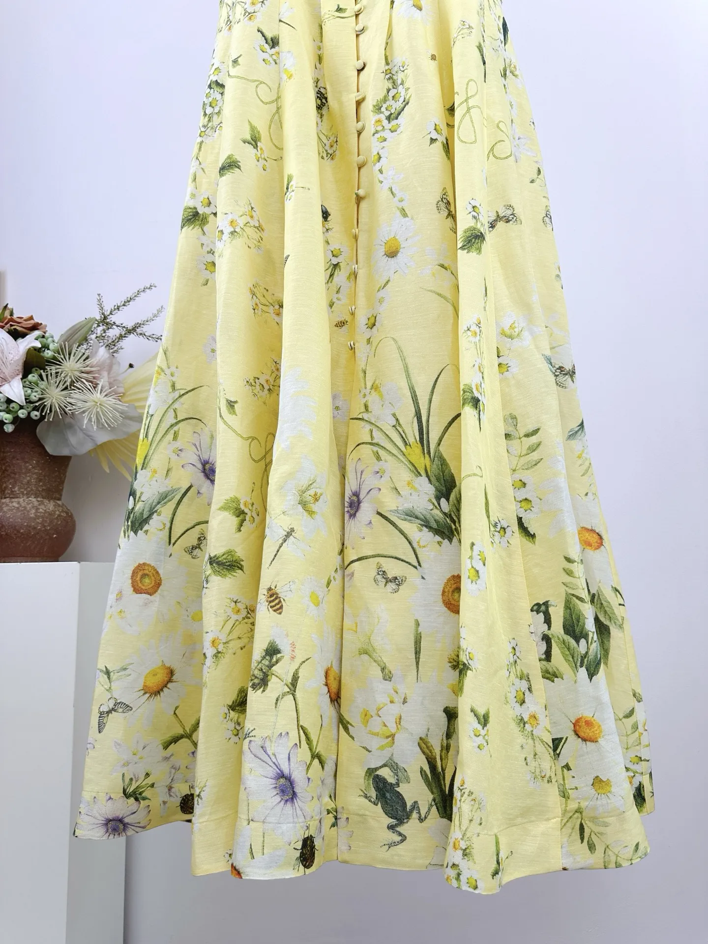 Robe longue en lin et soie pour femmes, perles de cristal, jaune, imprimé floral, papillon, broderie, col carré, sans manches, vacances
