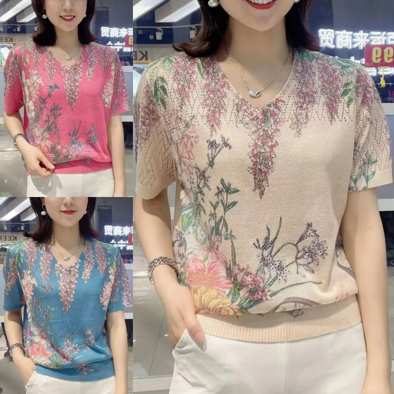Fashion 2024 Summer New Tees Women\'s Elegant Printed Loose Thin Diamonds Hollow Out Crew Neck Short Sleeve Knitted T-shirts Tops