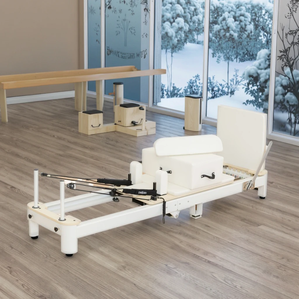 Cream Leather Pilates Equipment Yoga Studio Use Foldable Portable Folding Aluminum Alloy Reformer Pilates Machine for Sale