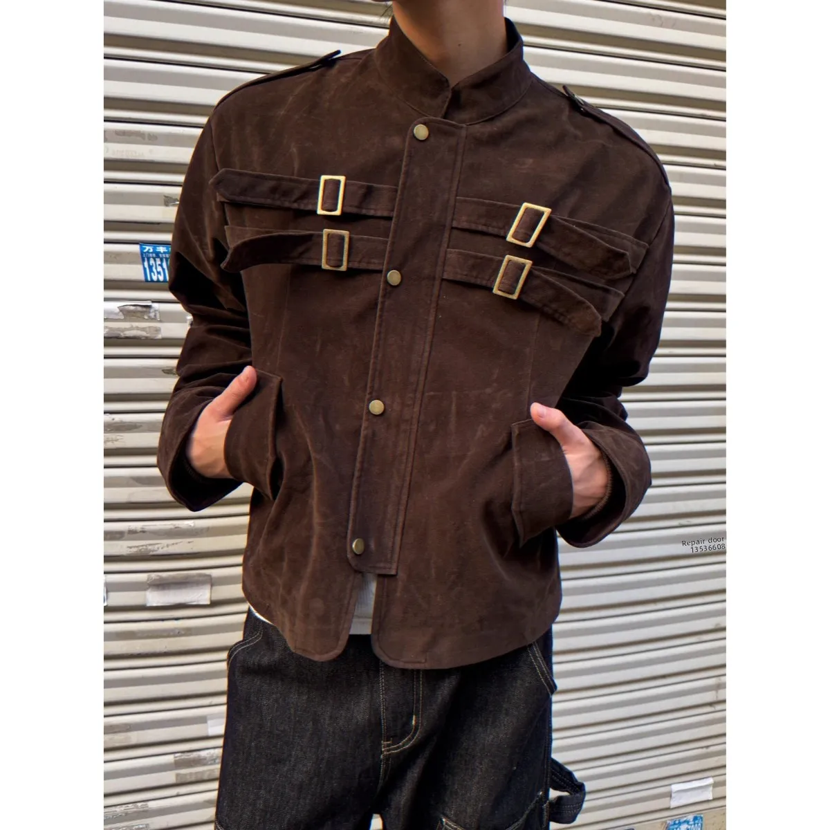 

Retro American Sle Suede Motorcycle Jaet Men's Women's ort Wide Autumn Winter Outerwear Stand Fit Polyester Fabric