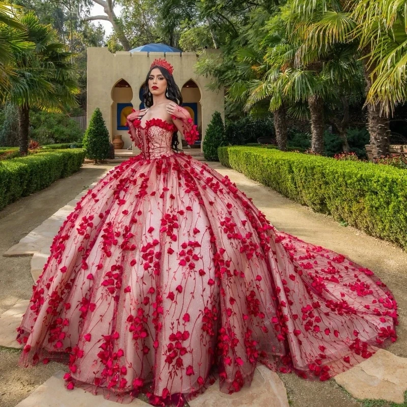 

Красное блестящее бальное платье, платье для Quinceanera, Тюлевое кружевное платье с цветочной аппликацией и открытыми плечами, милое праздничное платье для дня рождения 16, 15