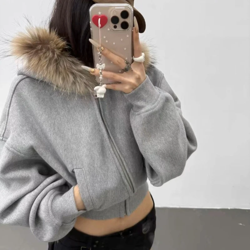 Deeptown Gray Fur Collar Zipper Hoodies Women Vintage Harajuku Crop Hooded Sweatshirt Korean Style Fashion High Street Hoodies