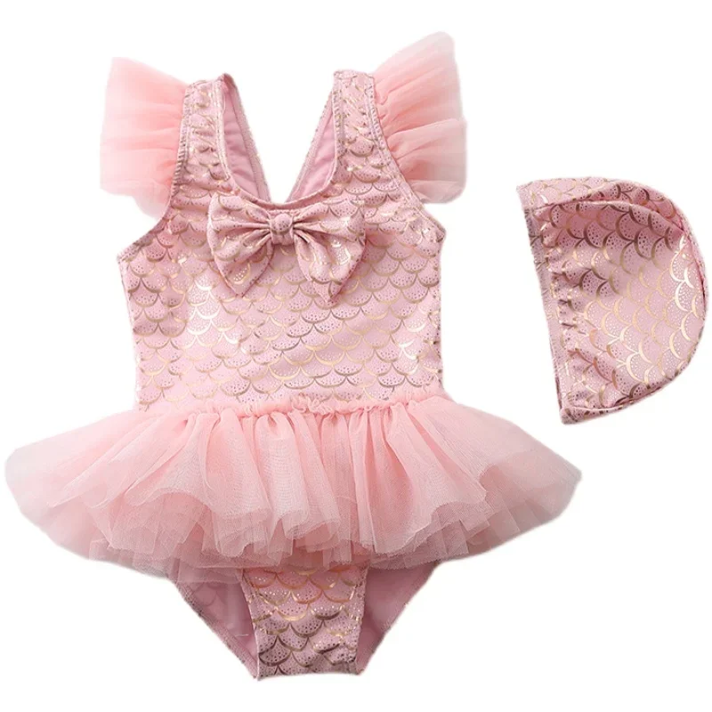 Traje de baño de sirena rosa + sombrero, traje de baño de una pieza para niñas con falda transparente, Bikini para niñas de 1 a 7T, bonito traje de baño de playa para niños