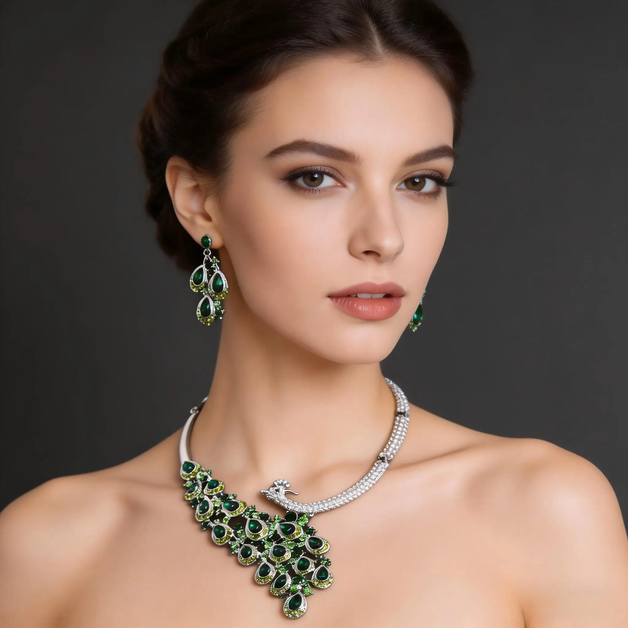 

Peacock Crystal Jewelry Set, Silver Plated Statement Necklace & Drop Earrings for Women Evening Party