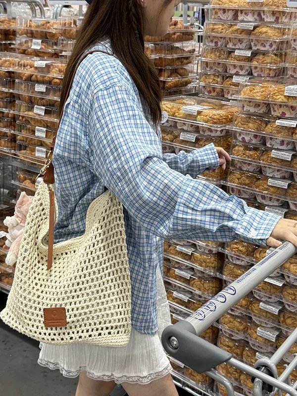 2025 صيف جديد حقيبة نسائية صغيرة شاطئ Vaion السفر المنسوجة الجوف خارج حقيبة كتف الكورية Sle القطن اللون حقيبة