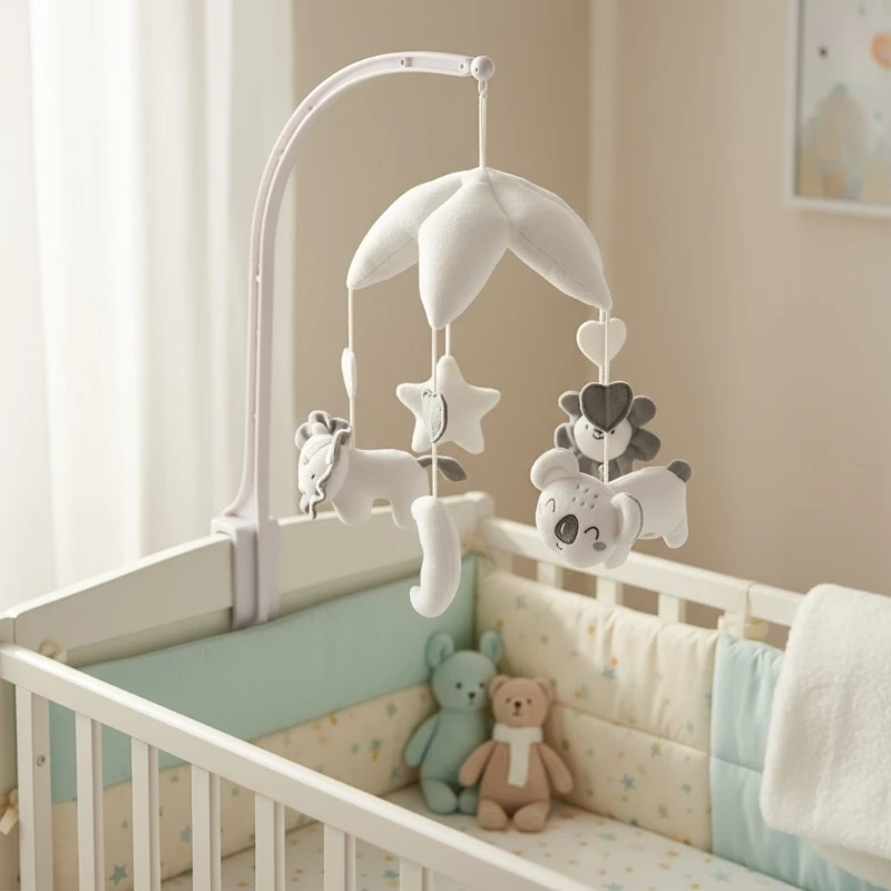 新生児の視覚刺激と安らかな就寝のための柔らかいポリエステル製おもちゃ付き回転式ベビーベッドモバイル