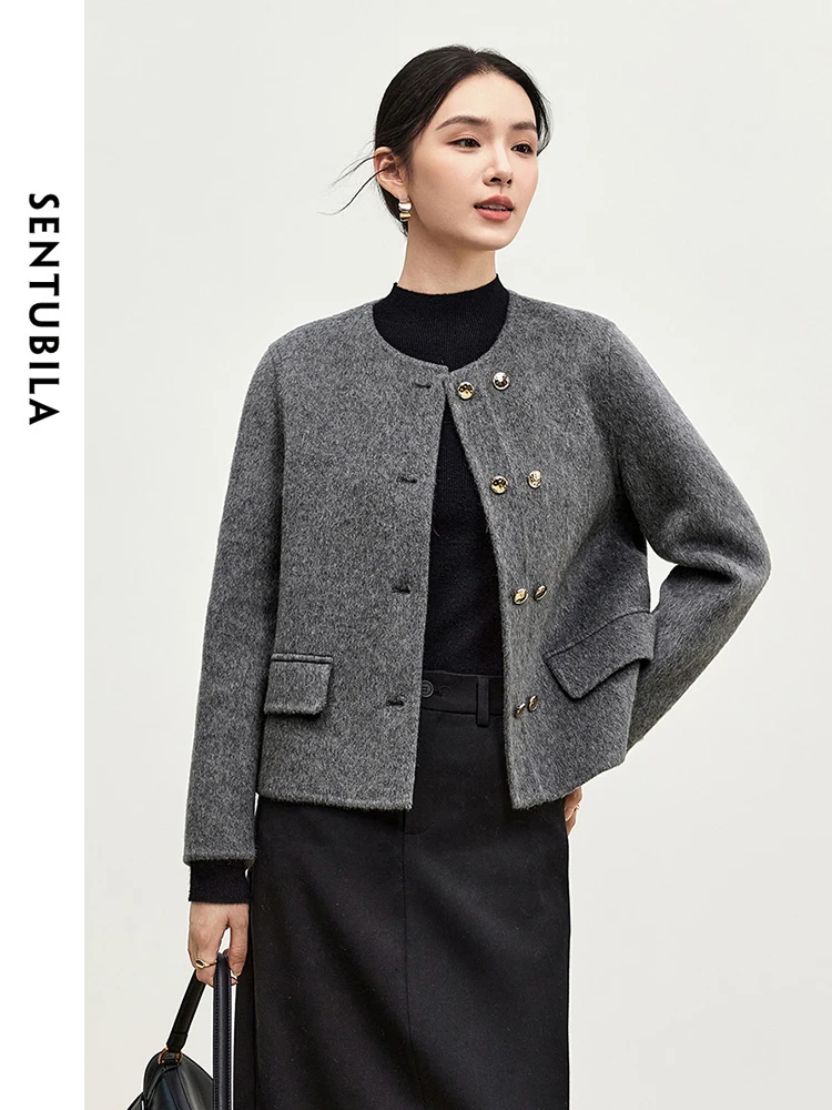 

SENTUBILA Women Solid Short Woolen Coat 2025 Elegant Crew Neck Straight Short Jackets Office Lady Winter Coat Female W44O56641
