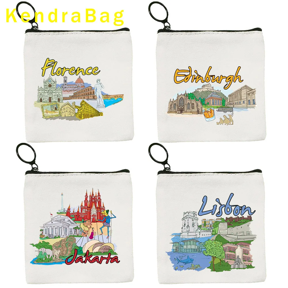 Milan Madrid London Lisbon Kiev Jerusalem Jakarta Florence Edinburgh Key Coin Purse Canvas Bag Pouch Wallet Zipper Gift Card Bag