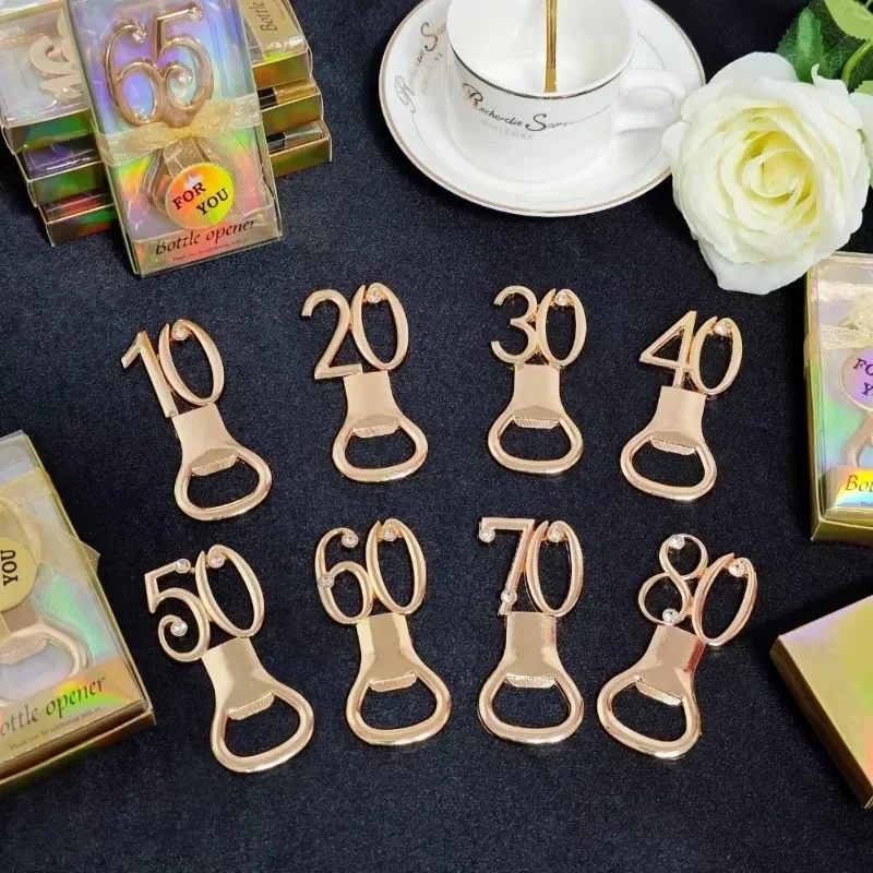 30 번째 40 번째 50 번째 60 번째 70 번째 80 번째 생일 파티 결혼 기념일 장식 호의 선물 손님을위한 황금 생일 병따개