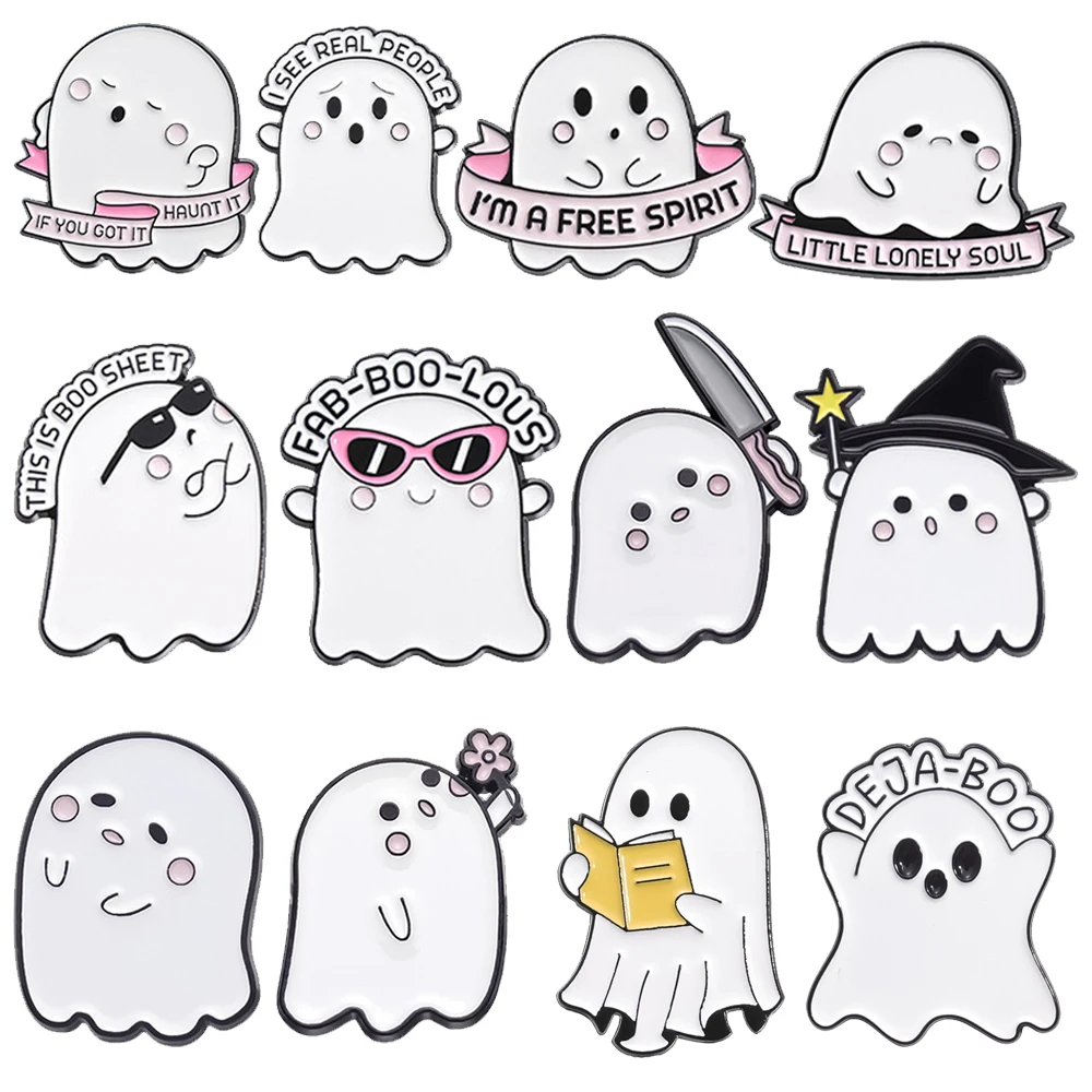 Halloween Cute White Ghost Magic Hat Enamel Brooch Cartoon LITTLE LONELY SOUL Metal Badge Punk Hamburger Lapel Pins Jewelry Gift