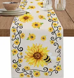 Summer Yellow Sunflowers Bee Linen Table Runners Farmhouse Style Dresser Scarf Table Decor Wedding Party Home Dining Table Decor