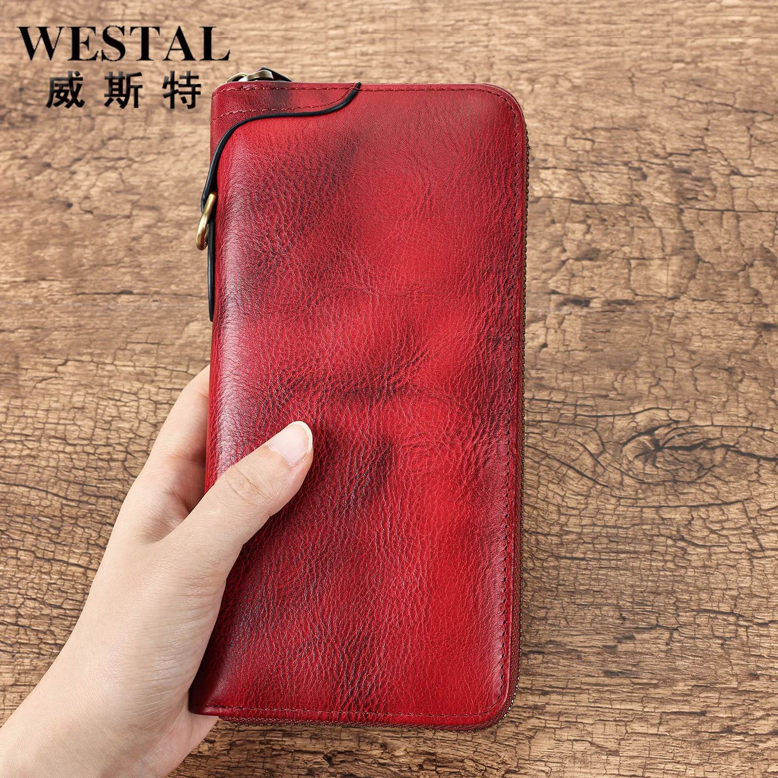 

Genuine leather long vintage handcrafted wallet, cowhide zipper, large capacity mobile phone storage, hand-held wallet