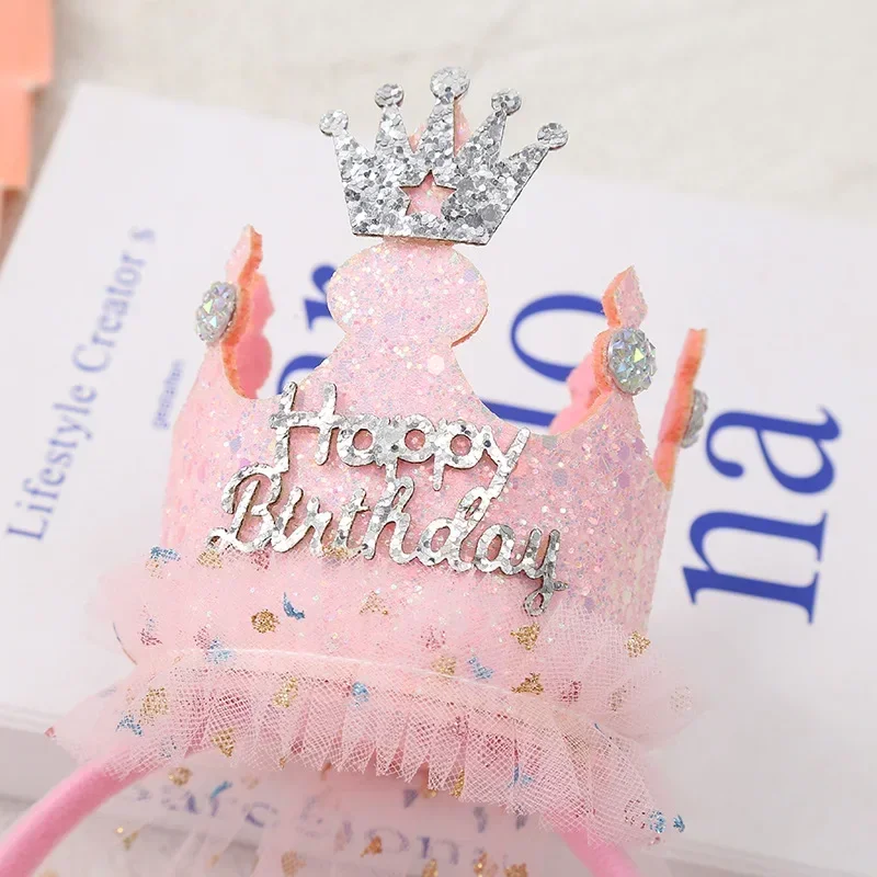 1 Pc Crown Cone Gauze Headband Princess Style Birthday Party Headwear Sequin Happy Birthday Hair Accessories Baby Girls Gift