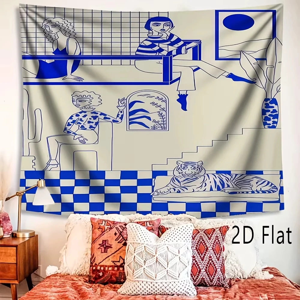 Line Art Tiger Figure Tapestry, Blue White Boho Geometric Wall Hanging for Bedroom Living Room Aesthetic Decor