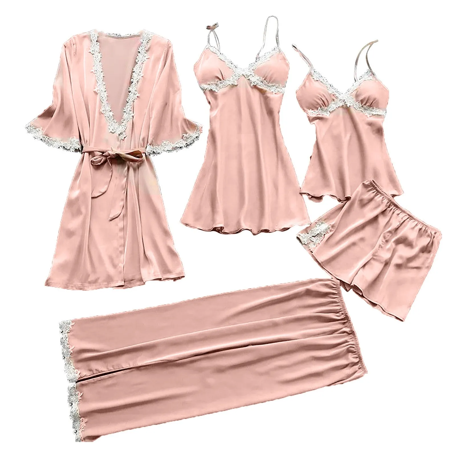 5-Piece Women\'S Dressing Gown Night Dress Sexy Garter Lingerie Set Robes Silk Lace Bodysuit Deep-V Neck Underwear Nightdress