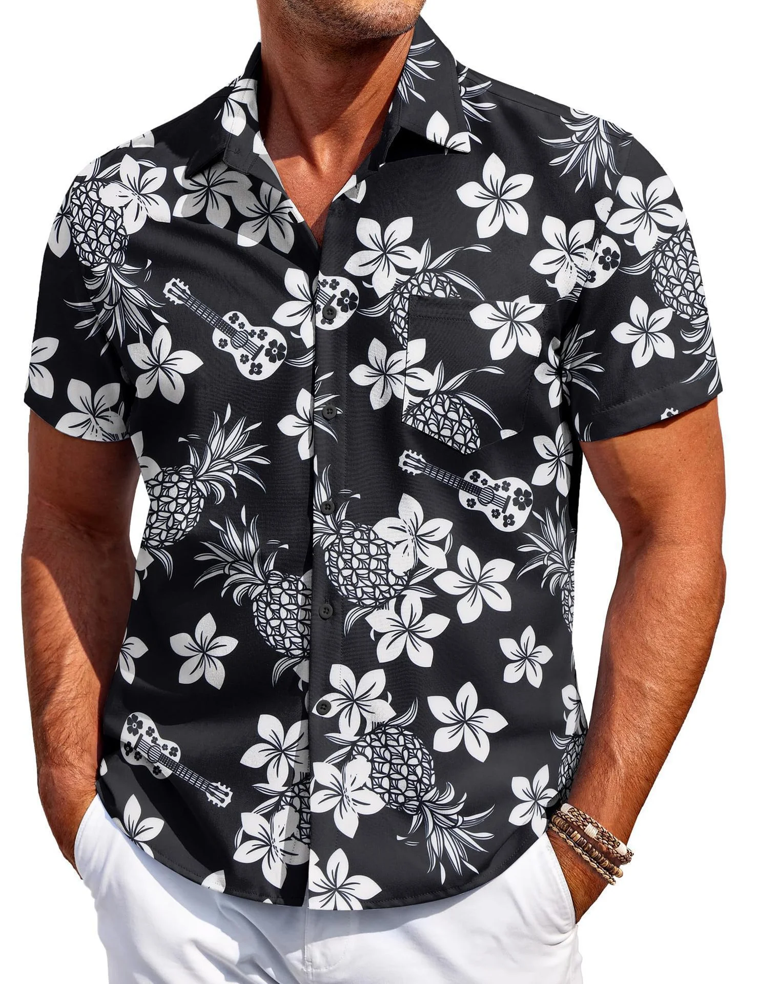 Summer Quick Drying Cool Feeling Cuban Collar Shirt Black and White Pineapple Flower Travel Versatile Men's Floral Top