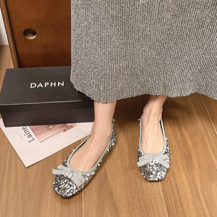 Shiny Sequined Ballet Flats Summer New Women Bow Round Toe Mary Janes Shoes Fashion Diamond Pendant Elegant Ladies Loafers