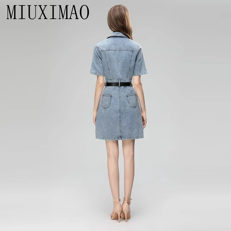 MIUXIMAO 2023 Elegant and Pretty Women's Dresses Fashion Short Sleeve  Retro  Denim Dress Women Female Dress Belt