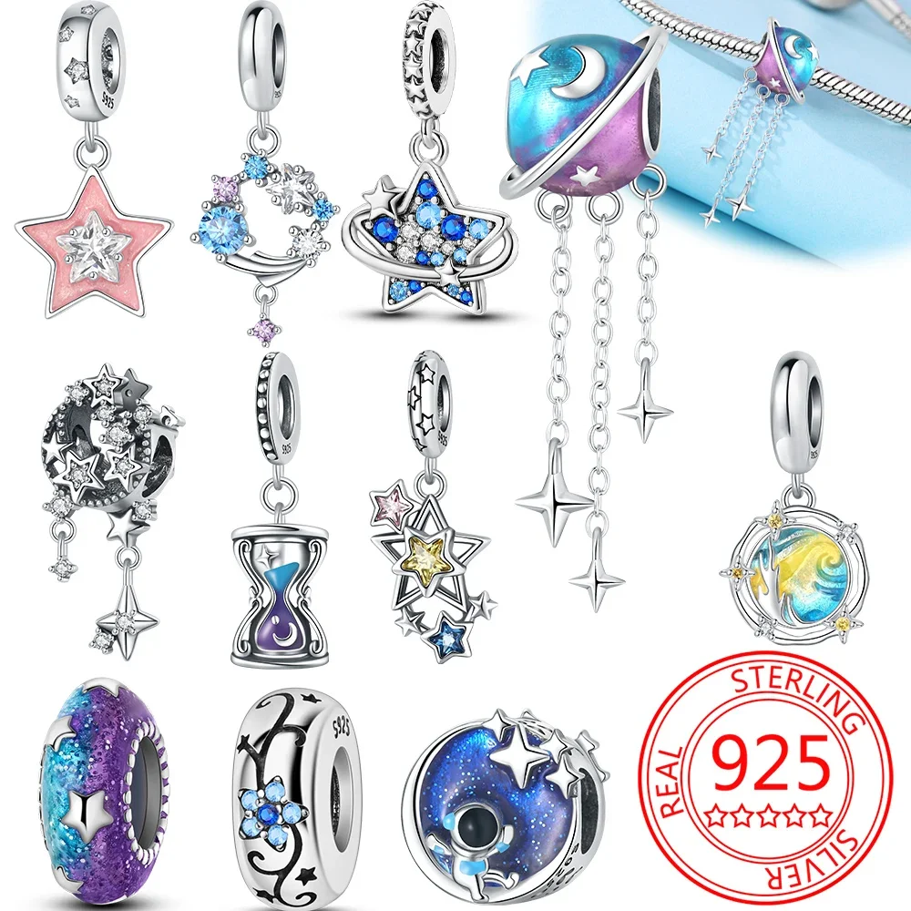 Original 925 Sterling Silver Charme para Mulheres, Contas Pingente, Fit para Pandora Pulseira, Fazer Jóias, Colorido Planeta e Lua