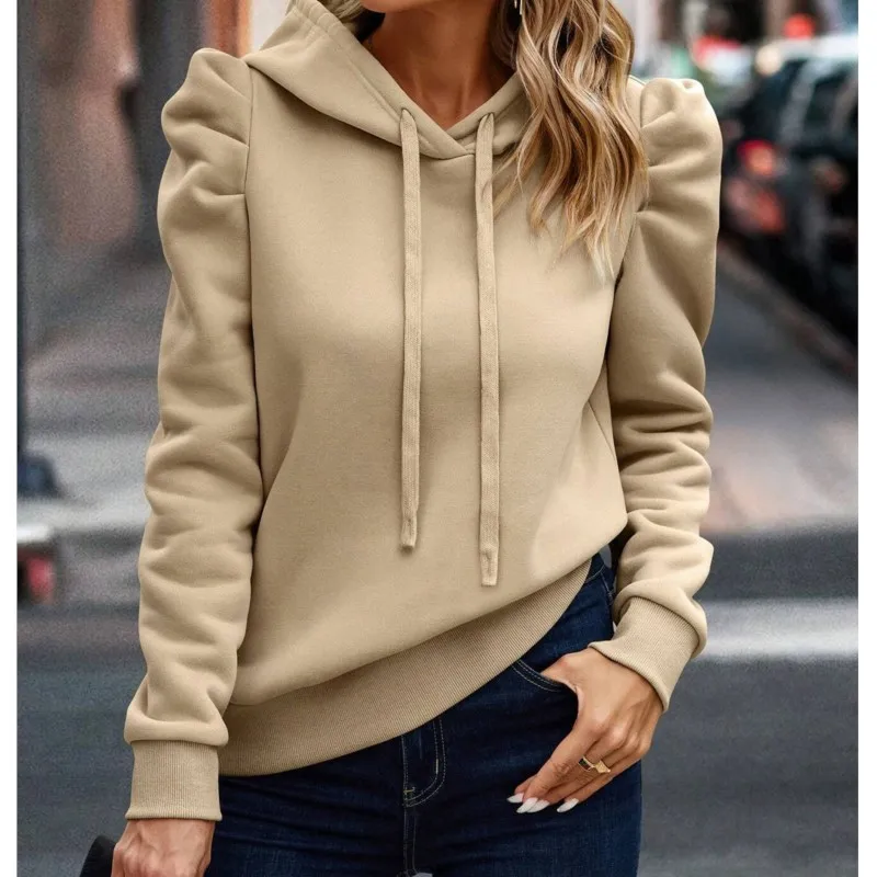 Ladies Elegant Puff Sleeves Hoodie 2024 Autumn/Winter New Fashion Hooded Solid Color Long Sleeved Casual Women\'s Sweatshirt Tops