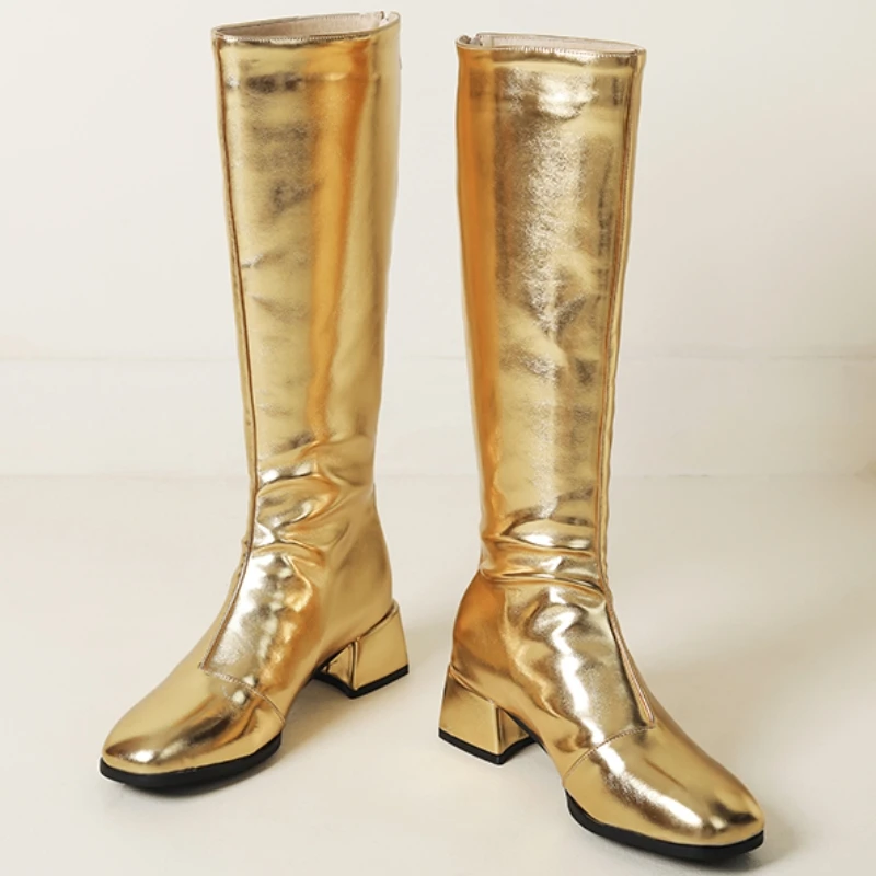 Bottes hautes pour femmes chaussures d'hiver 2025 or argent botte longue à talons bas dames chaussures de fête grande taille 45 imperméable
