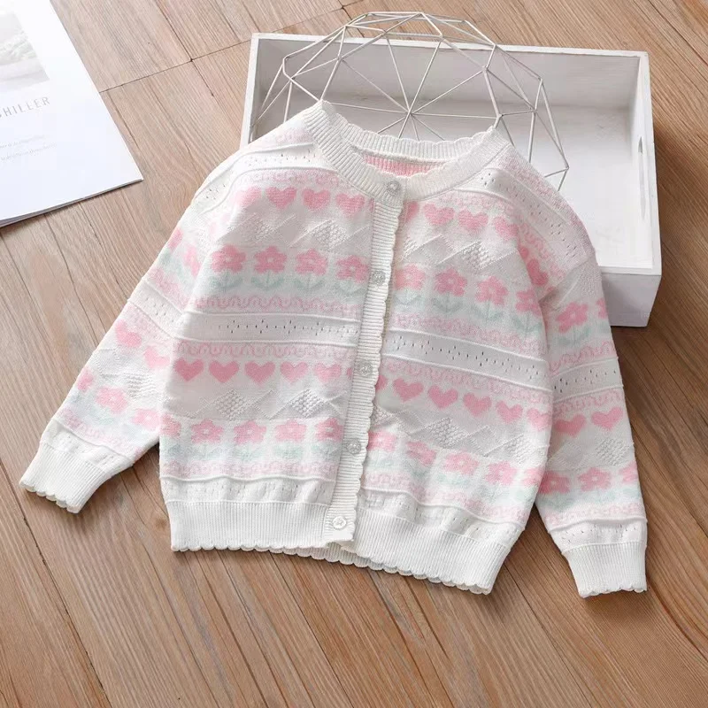 

2026 Spring Autumn Striped White&Pink Girls Cardigan Sweet Jacket Summer Toddler Coat 1 2 3 4 5 6 7 8 10 Years Old Kids Clothes