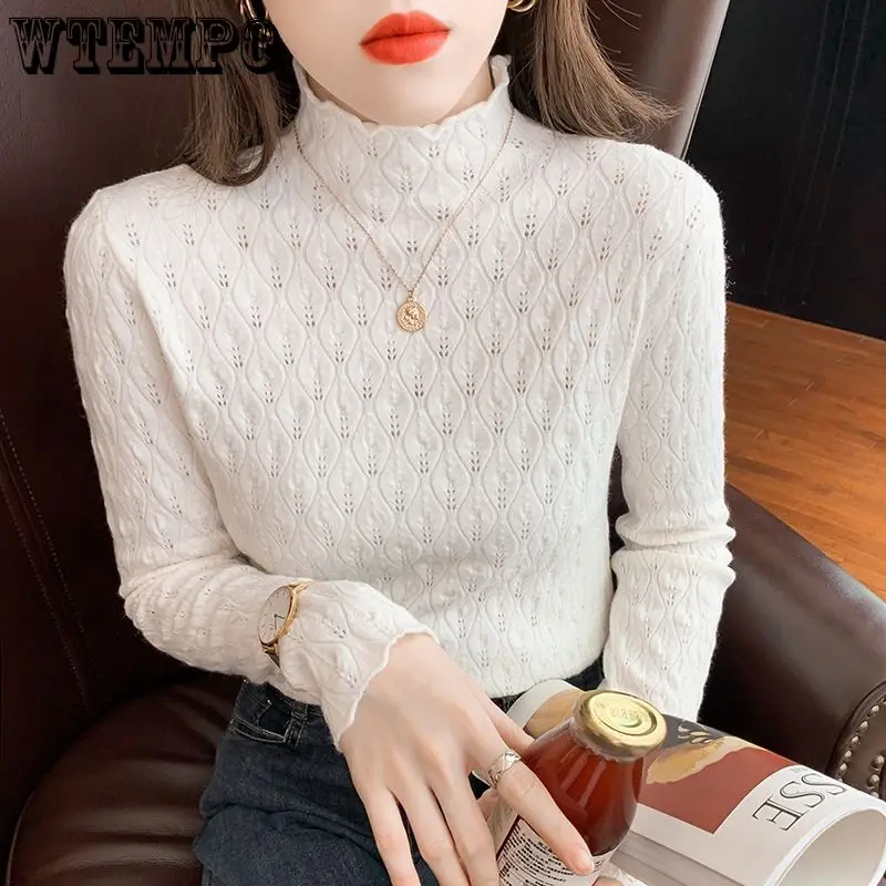 WTEMPO Women\'s Slim Bottoming Shirt Autumn Winter Half High Collar Lightweight Knitwear Top Long Sleeve Knitted Jumper