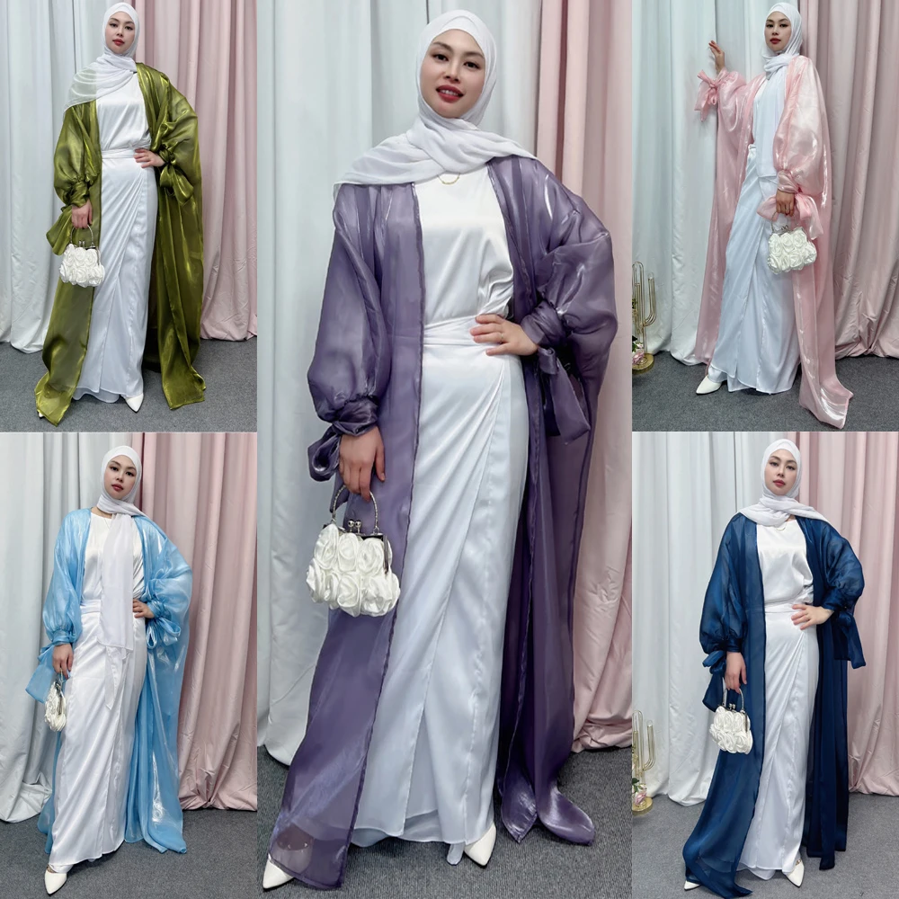 Shiny Satin Open Abaya Dubai Kaftan Women Muslim Kimono Cardigan Islamic Puff Sleeve Caftan Maxi Dress Robe Gown Turkey Jalabiya